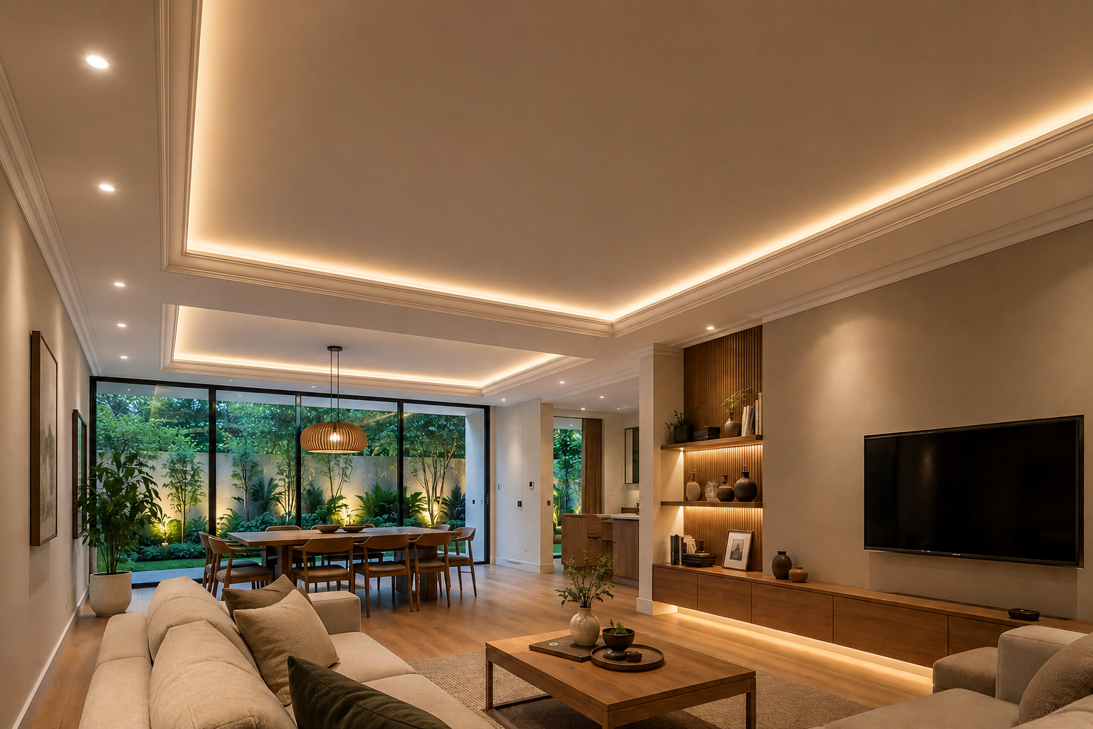 Interior contemporáneo con cielorraso de yeso, molduras e iluminación cálida